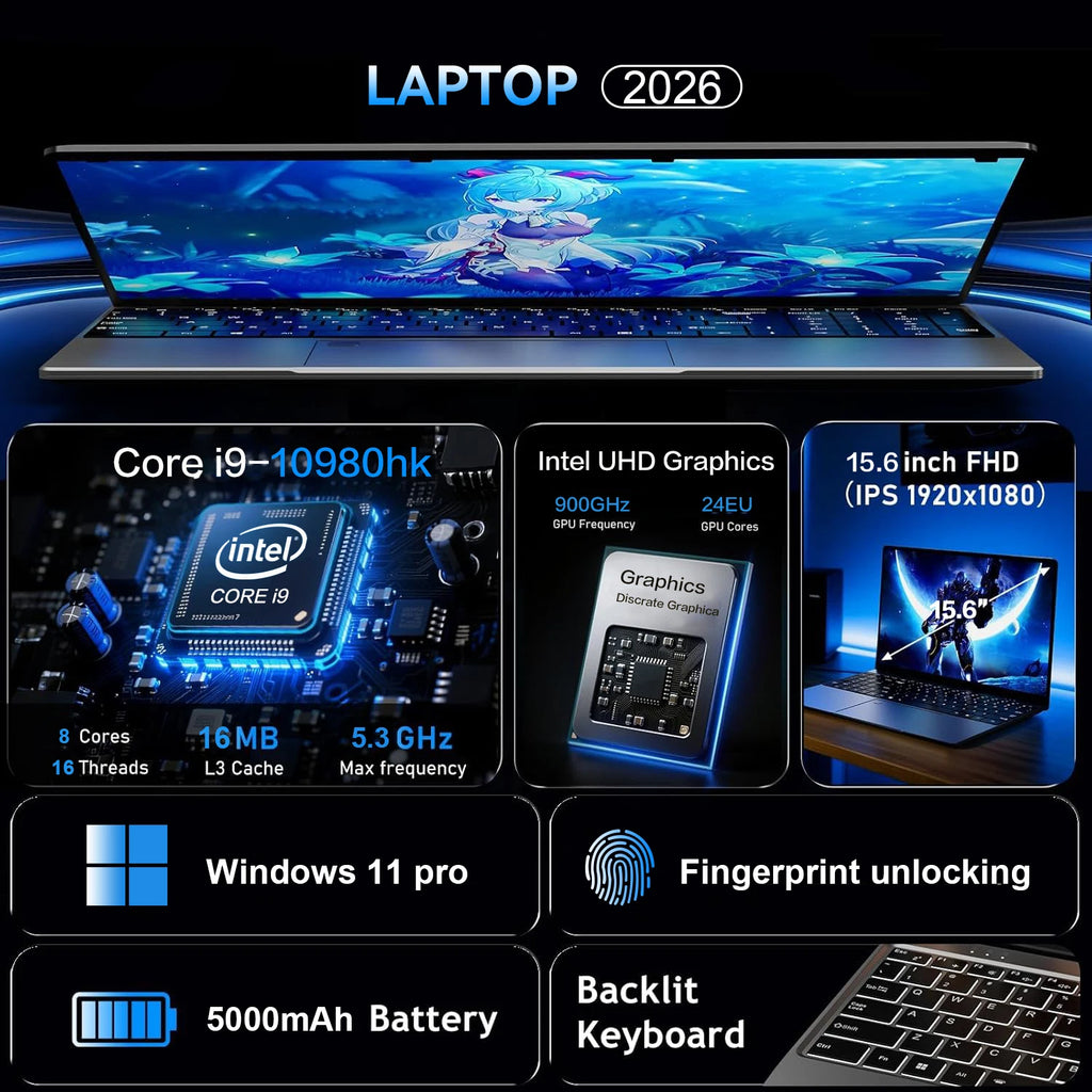 Portátil Intel Core i9 10980HK (modelo 2026) con Windows 11 Pro, pantalla de 15,6 pulgadas, 16 GB de RAM, SSD de 1 TB/2 TB, resolución HD (1920x1080), desbloqueo por huella dactilar y teclado retroiluminado.