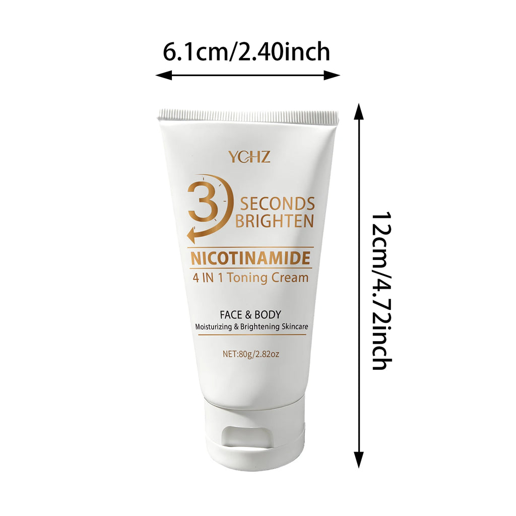 Crema 4 en 1 para unificar el tono de la piel en 3 segundos; ilumina e hidrata. Ofrece hidratación profunda, es refrescante y no pegajosa. Contiene niacinamida y vitaminas C y E. Crema de cuidado facial en tono beige claro.