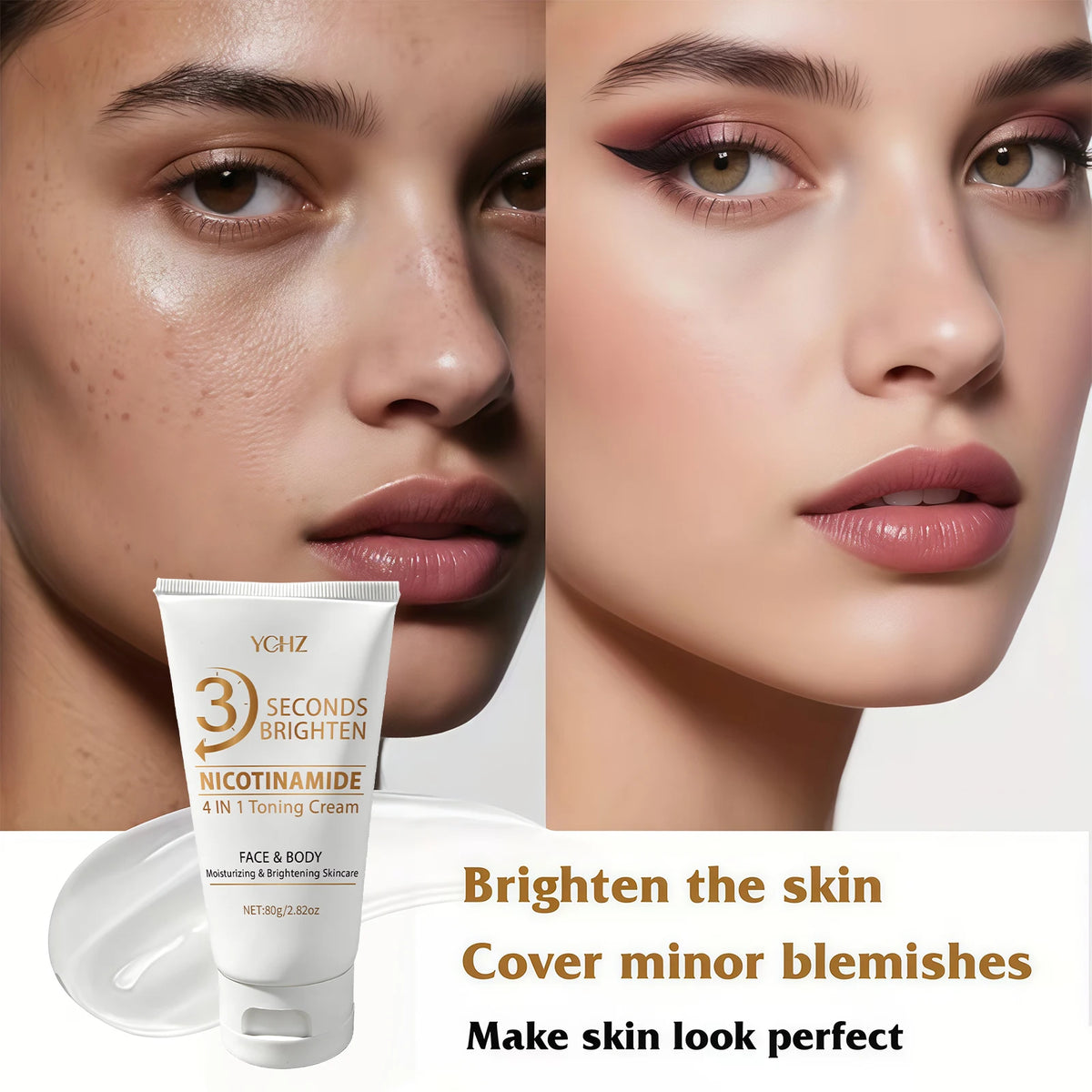 Crema 4 en 1 para unificar el tono de la piel en 3 segundos; ilumina e hidrata. Ofrece hidratación profunda, es refrescante y no pegajosa. Contiene niacinamida y vitaminas C y E. Crema de cuidado facial en tono beige claro.