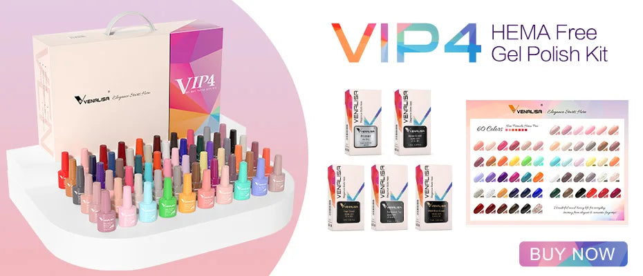 Esmalte de uñas en gel VENALISA VIP4 (7,5 ml): fórmula sin HEMA, acabado semipermanente, textura superior y larga duración; incluye capa superior (top coat) templada.