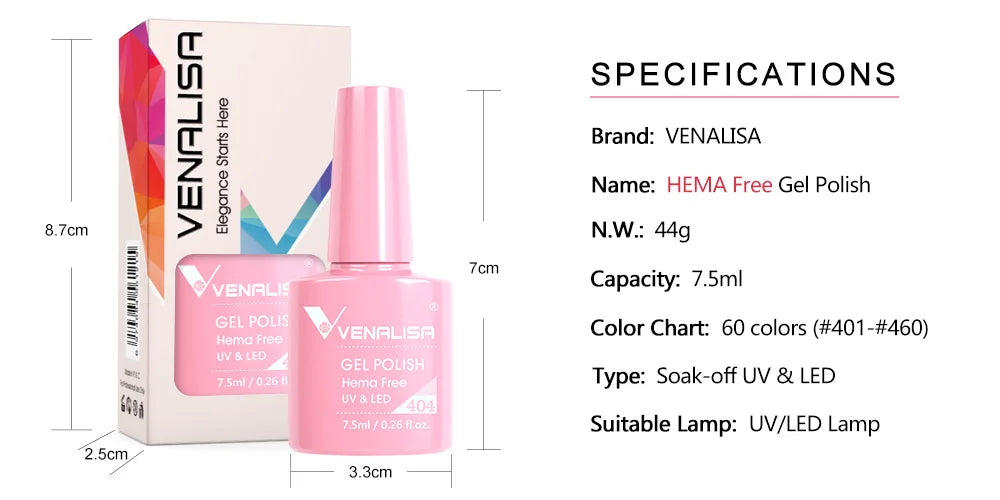 Esmalte de uñas en gel VENALISA VIP4 (7,5 ml): fórmula sin HEMA, acabado semipermanente, textura superior y larga duración; incluye capa superior (top coat) templada.