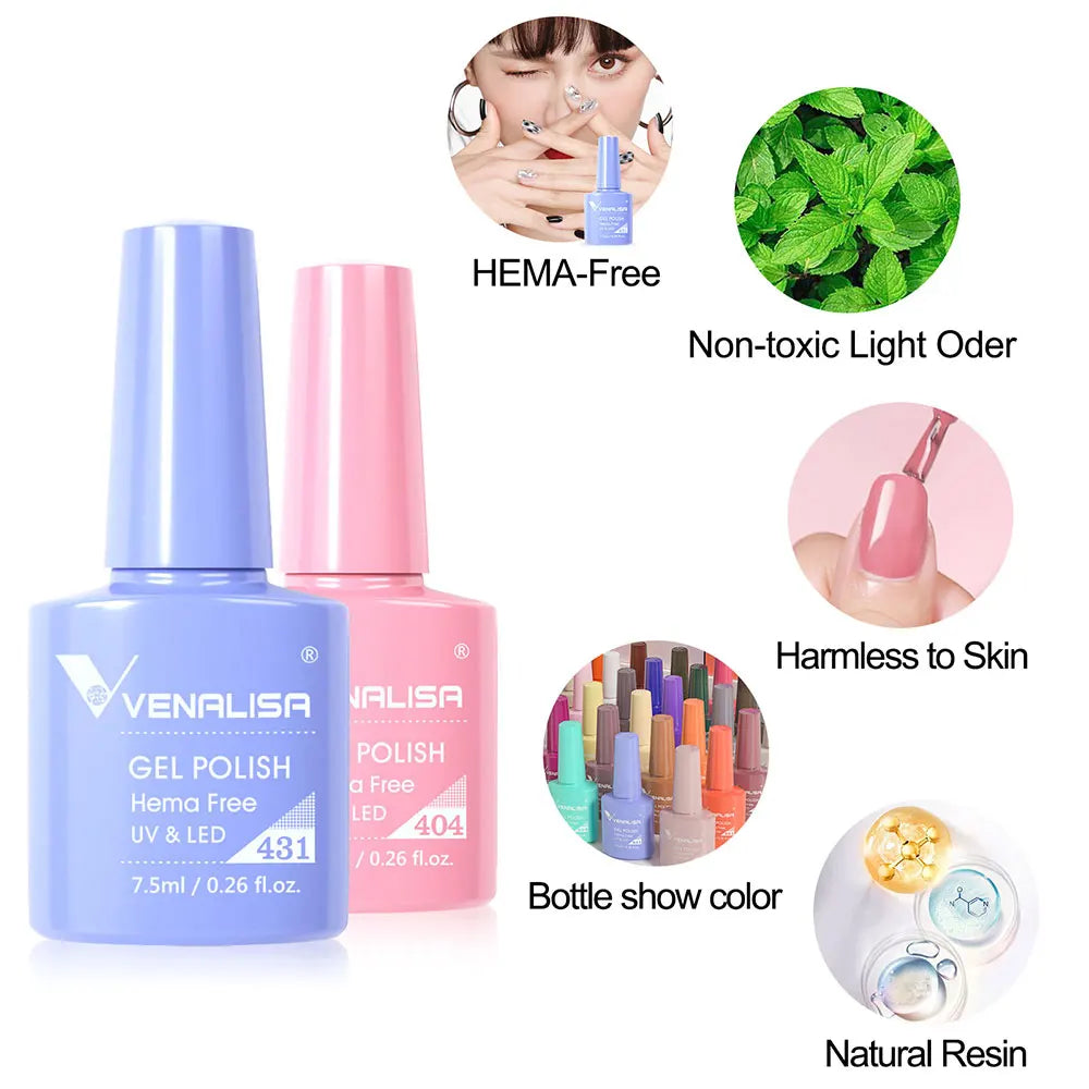 Esmalte de uñas en gel VENALISA VIP4 (7,5 ml): fórmula sin HEMA, acabado semipermanente, textura superior y larga duración; incluye capa superior (top coat) templada.
