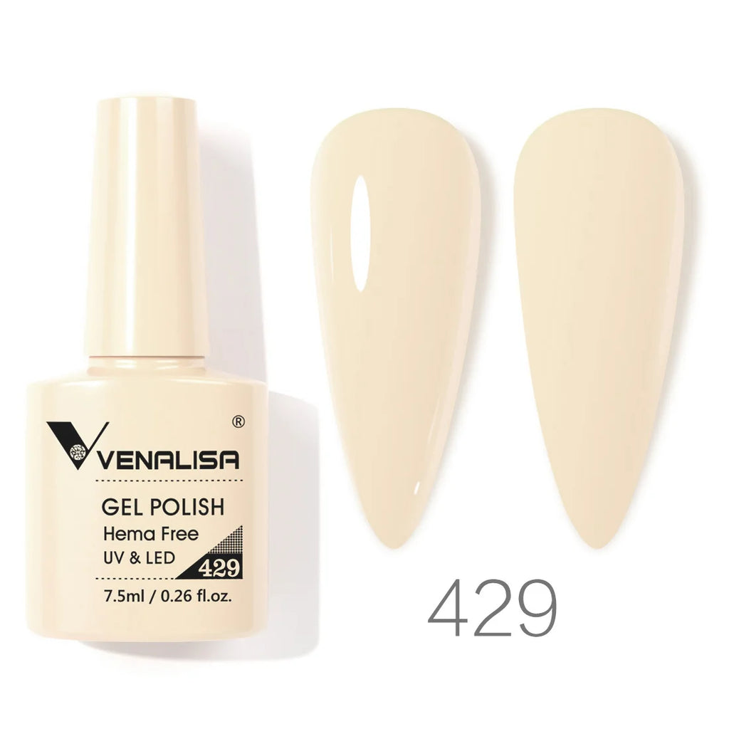Esmalte de uñas en gel VENALISA VIP4 (7,5 ml): fórmula sin HEMA, acabado semipermanente, textura superior y larga duración; incluye capa superior (top coat) templada.