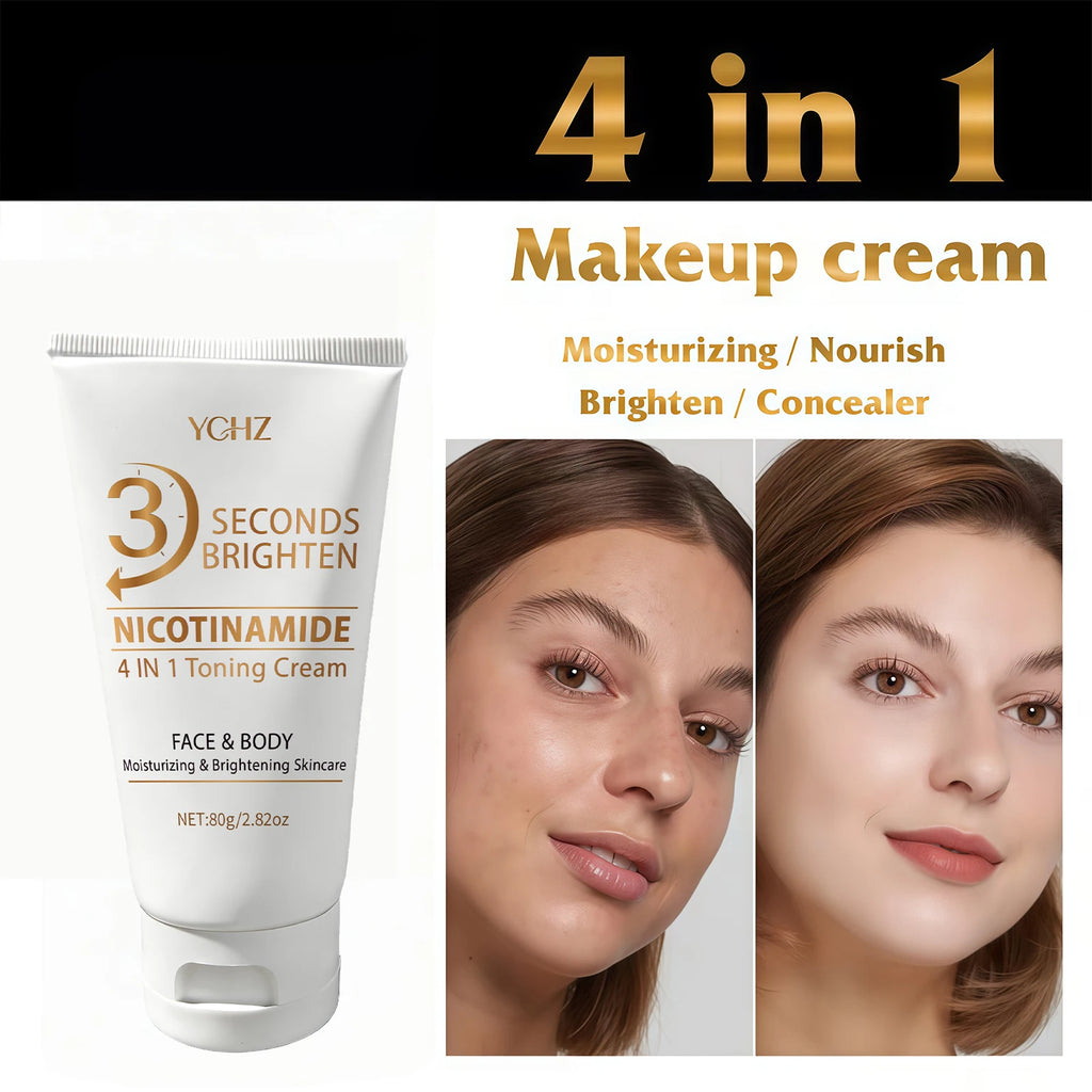 Crema 4 en 1 para unificar el tono de la piel en 3 segundos; ilumina e hidrata. Ofrece hidratación profunda, es refrescante y no pegajosa. Contiene niacinamida y vitaminas C y E. Crema de cuidado facial en tono beige claro.