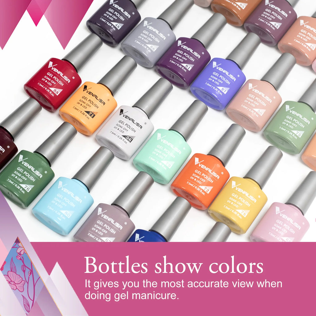 Esmalte de uñas en gel VENALISA VIP4 (7,5 ml): fórmula sin HEMA, acabado semipermanente, textura superior y larga duración; incluye capa superior (top coat) templada.