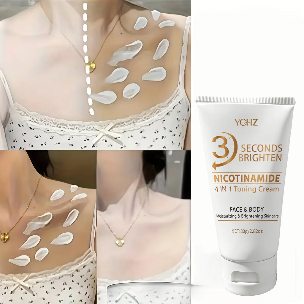 Crema 4 en 1 para unificar el tono de la piel en 3 segundos; ilumina e hidrata. Ofrece hidratación profunda, es refrescante y no pegajosa. Contiene niacinamida y vitaminas C y E. Crema de cuidado facial en tono beige claro.