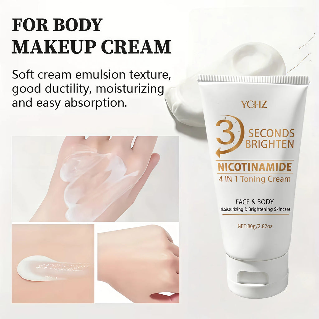 Crema 4 en 1 para unificar el tono de la piel en 3 segundos; ilumina e hidrata. Ofrece hidratación profunda, es refrescante y no pegajosa. Contiene niacinamida y vitaminas C y E. Crema de cuidado facial en tono beige claro.
