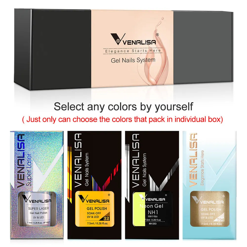 Esmalte de uñas en gel VENALISA VIP4 (7,5 ml): fórmula sin HEMA, acabado semipermanente, textura superior y larga duración; incluye capa superior (top coat) templada.