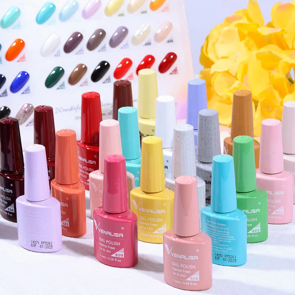 Esmalte de uñas en gel VENALISA VIP4 (7,5 ml): fórmula sin HEMA, acabado semipermanente, textura superior y larga duración; incluye capa superior (top coat) templada.