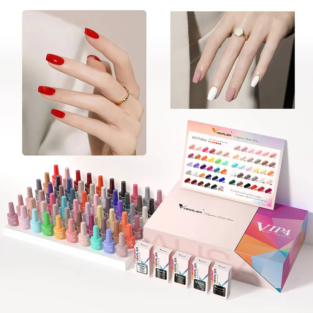 Esmalte de uñas en gel VENALISA VIP4 (7,5 ml): fórmula sin HEMA, acabado semipermanente, textura superior y larga duración; incluye capa superior (top coat) templada.