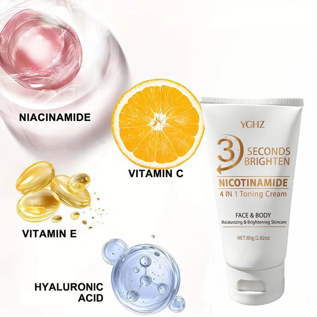 Crema 4 en 1 para unificar el tono de la piel en 3 segundos; ilumina e hidrata. Ofrece hidratación profunda, es refrescante y no pegajosa. Contiene niacinamida y vitaminas C y E. Crema de cuidado facial en tono beige claro.