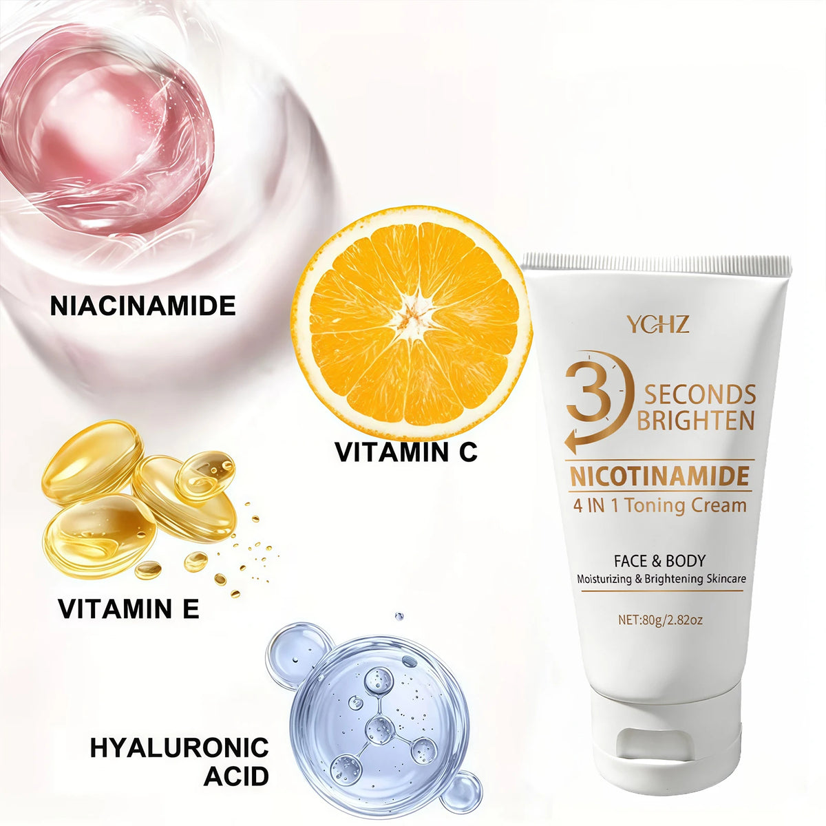 Crema 4 en 1 para unificar el tono de la piel en 3 segundos; ilumina e hidrata. Ofrece hidratación profunda, es refrescante y no pegajosa. Contiene niacinamida y vitaminas C y E. Crema de cuidado facial en tono beige claro.