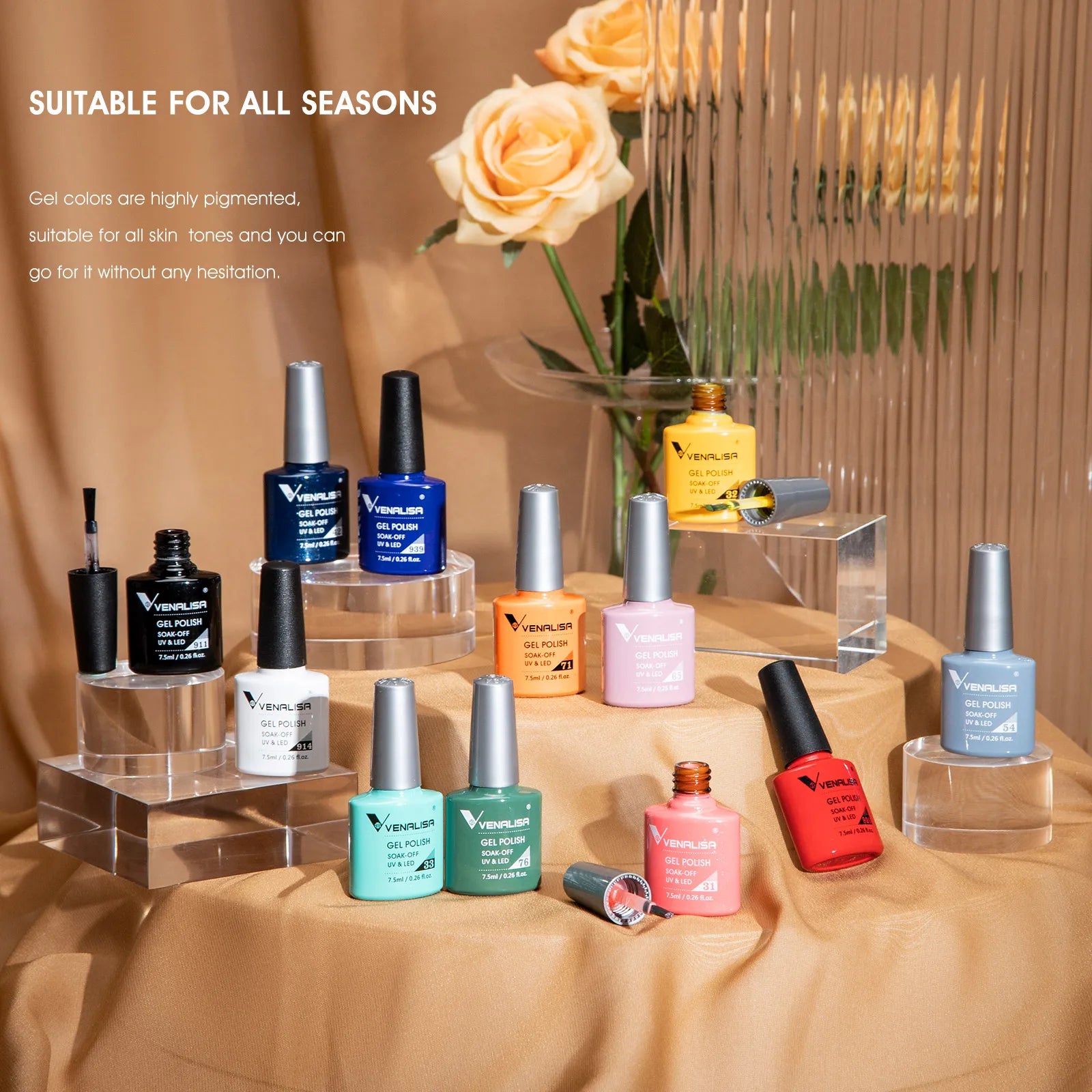 Esmalte de uñas en gel VENALISA VIP4 (7,5 ml): fórmula sin HEMA, acabado semipermanente, textura superior y larga duración; incluye capa superior (top coat) templada.