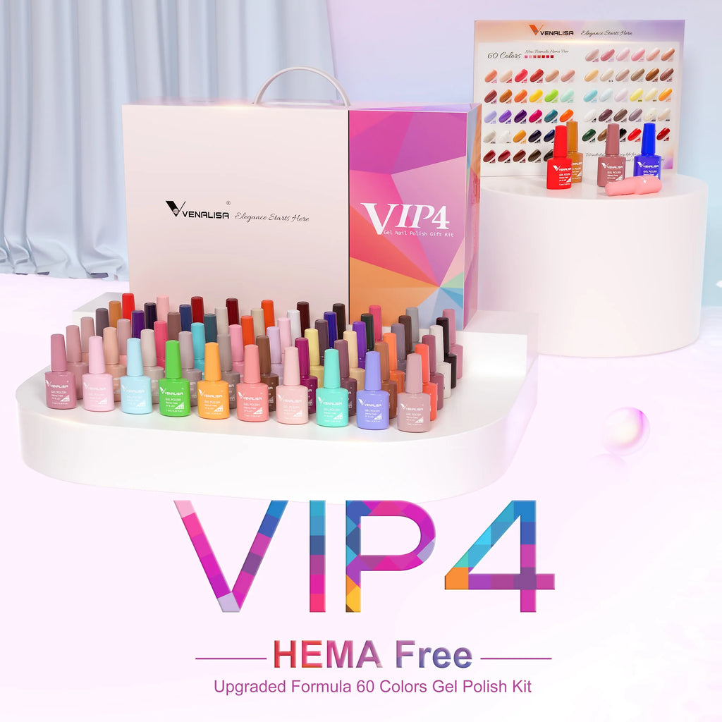 Esmalte de uñas en gel VENALISA VIP4 (7,5 ml): fórmula sin HEMA, acabado semipermanente, textura superior y larga duración; incluye capa superior (top coat) templada.