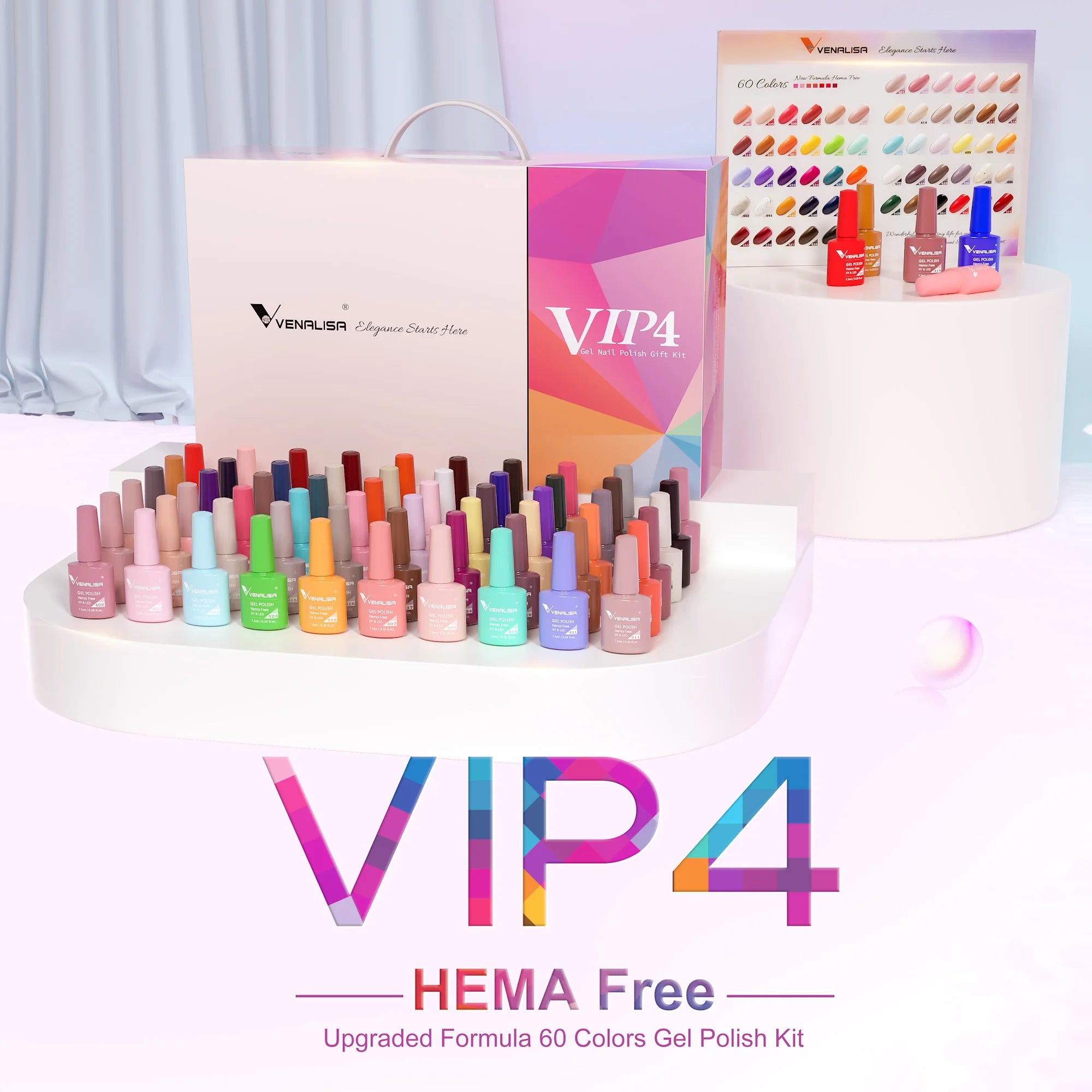 Esmalte de uñas en gel VENALISA VIP4 (7,5 ml): fórmula sin HEMA, acabado semipermanente, textura superior y larga duración; incluye capa superior (top coat) templada.