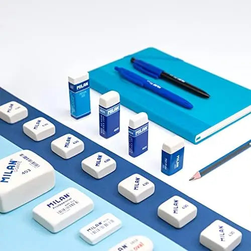 Gomas de borrar Milan 430 cuadradas, colores surtidos en caja de 30 unidades; goma blanda para un borrado limpio, ideal para lápices de grafito sobre todo tipo de papel.