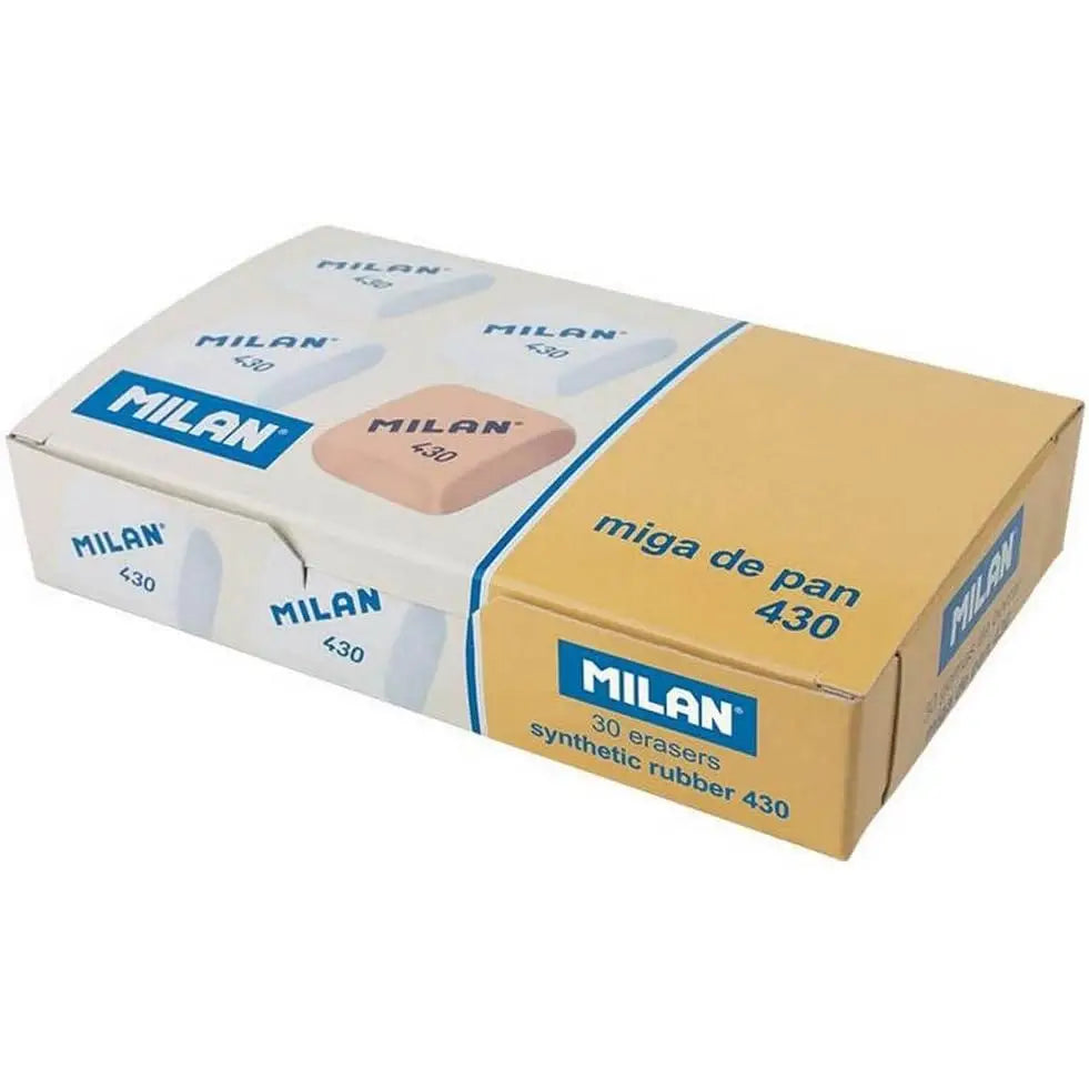 Gomas de borrar Milan 430 cuadradas, colores surtidos en caja de 30 unidades; goma blanda para un borrado limpio, ideal para lápices de grafito sobre todo tipo de papel.