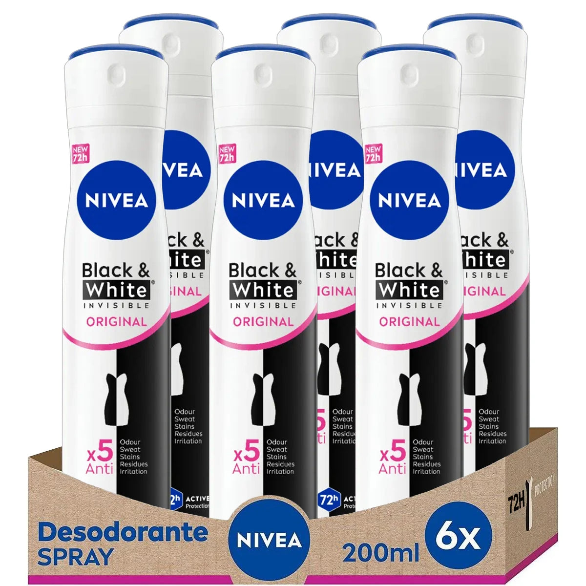 Desodorante en spray Nivea Black & White Invisible Original 200 ml, 6 unidades (200 ml x 6)