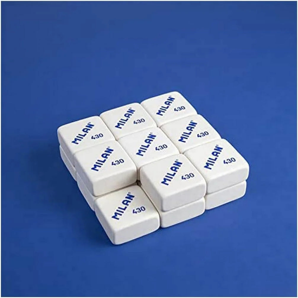 Gomas de borrar Milan 430 cuadradas, colores surtidos en caja de 30 unidades; goma blanda para un borrado limpio, ideal para lápices de grafito sobre todo tipo de papel.