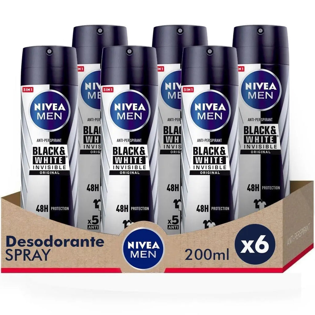Pack de ahorro Nivea Men: desodorante en spray Black & White Invisible Original para hombre (200 ml x 6 unidades)