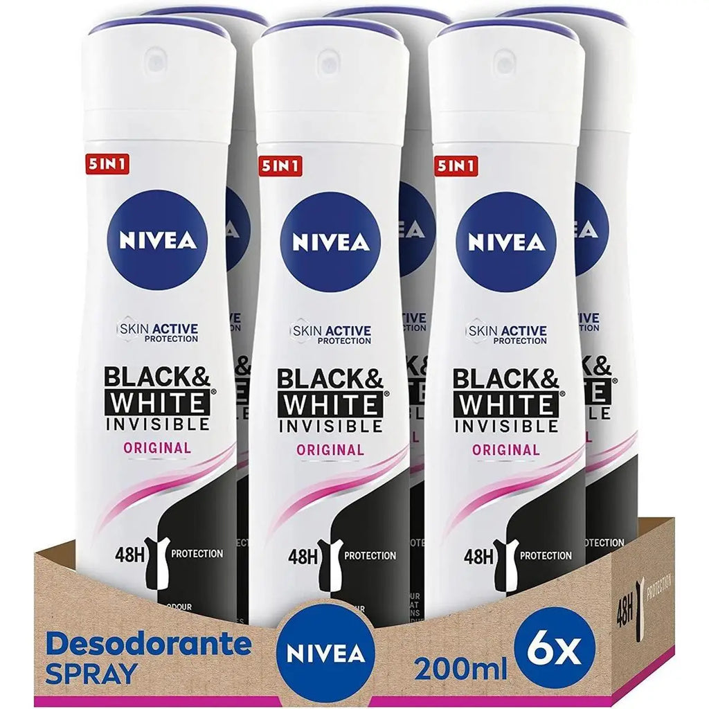 Desodorante en spray Nivea Black & White Invisible Original 200 ml, 6 unidades (200 ml x 6)