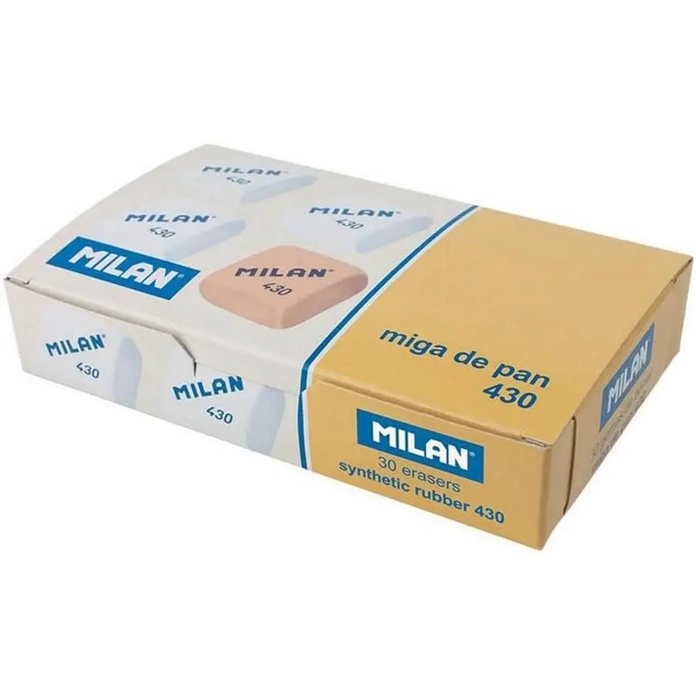 Gomas de borrar Milan 430 cuadradas, colores surtidos en caja de 30 unidades; goma blanda para un borrado limpio, ideal para lápices de grafito sobre todo tipo de papel.