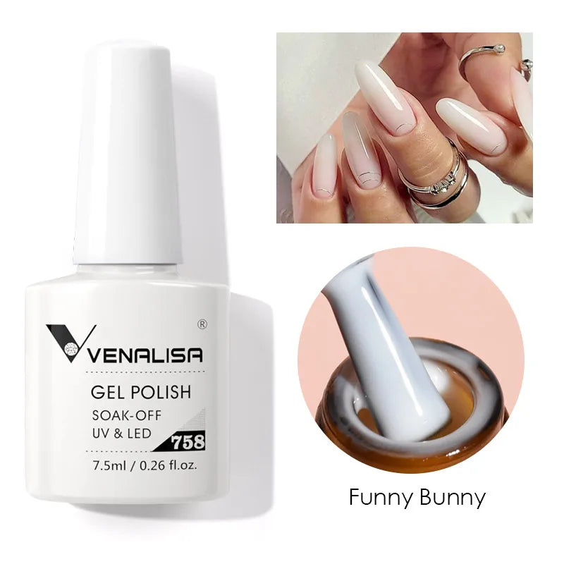Esmalte de uñas en gel VENALISA VIP4 (7,5 ml): fórmula sin HEMA, acabado semipermanente, textura superior y larga duración; incluye capa superior (top coat) templada.
