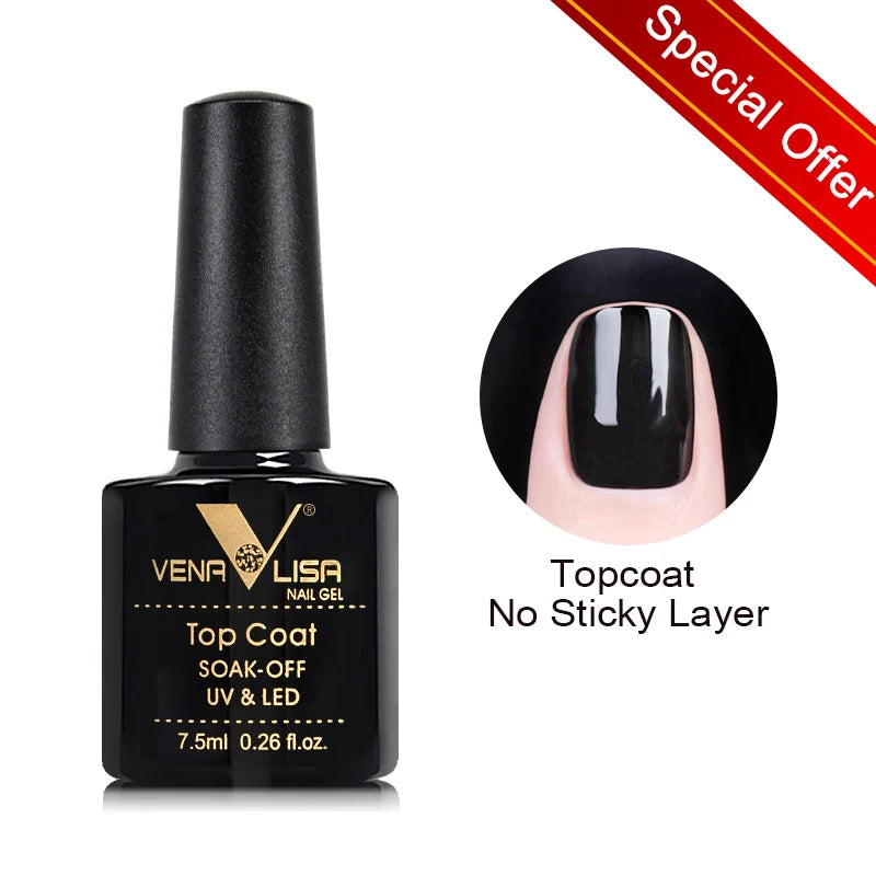 Esmalte de uñas en gel VENALISA VIP4 (7,5 ml): fórmula sin HEMA, acabado semipermanente, textura superior y larga duración; incluye capa superior (top coat) templada.