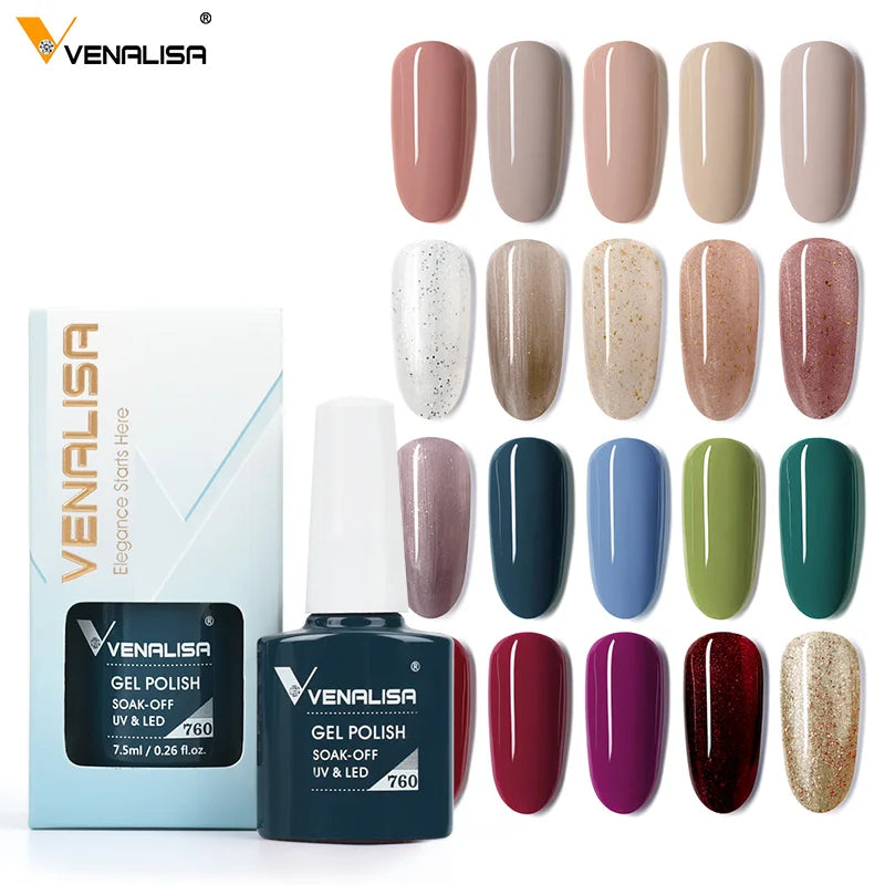 Esmalte de uñas en gel VENALISA VIP4 (7,5 ml): fórmula sin HEMA, acabado semipermanente, textura superior y larga duración; incluye capa superior (top coat) templada.