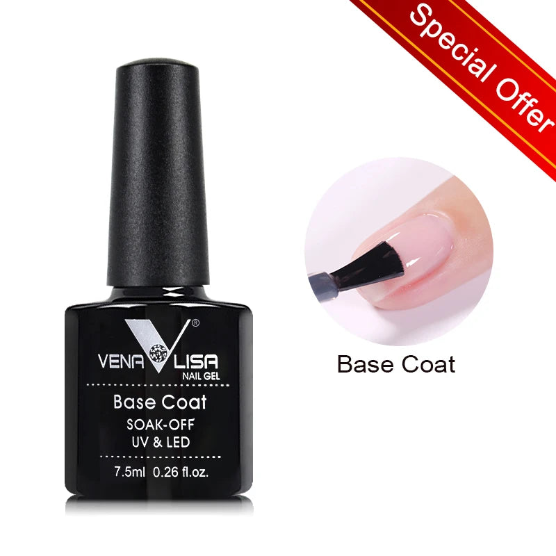 Esmalte de uñas en gel VENALISA VIP4 (7,5 ml): fórmula sin HEMA, acabado semipermanente, textura superior y larga duración; incluye capa superior (top coat) templada.