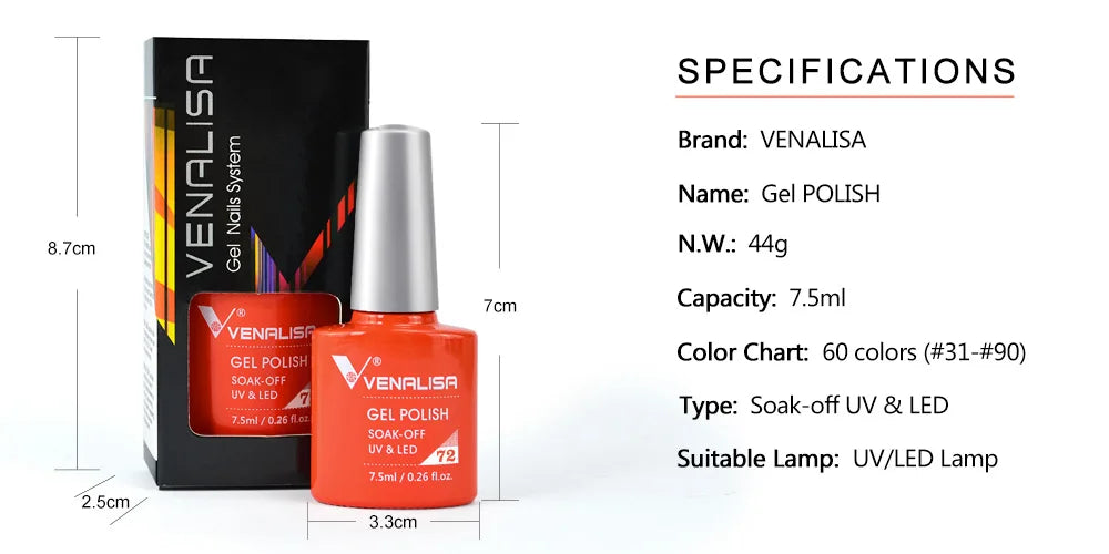 Esmalte de uñas en gel VENALISA VIP4 (7,5 ml): fórmula sin HEMA, acabado semipermanente, textura superior y larga duración; incluye capa superior (top coat) templada.