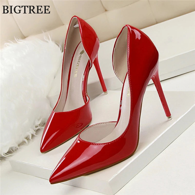 Zapatos BIGTREE para mujer: stilettos de moda en charol con punta afilada y tacón alto; ideales para el trabajo o fiestas, con diseño sexy de aberturas laterales.