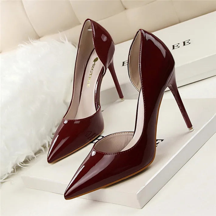 Zapatos BIGTREE para mujer: stilettos de moda en charol con punta afilada y tacón alto; ideales para el trabajo o fiestas, con diseño sexy de aberturas laterales.