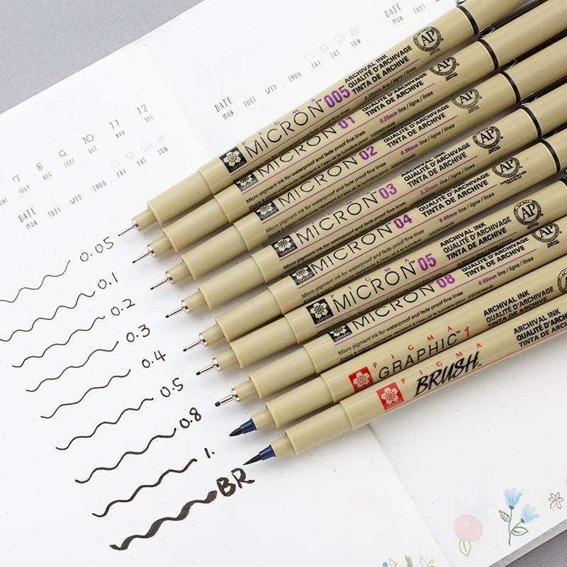 Juego de rotuladores Sakura Micron de punta fina con tinta pigmentada para dibujo, bocetos y arte (grosores 005, 01, 02, 03, 04, 05, 08, 1.0 y punta pincel)