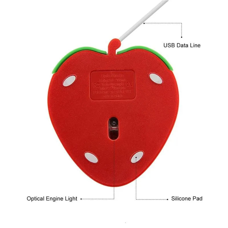 Mini ratón óptico USB con cable, diseño 3D de fresa estilo dibujos animados, para portátil y PC (ideal para gamers)