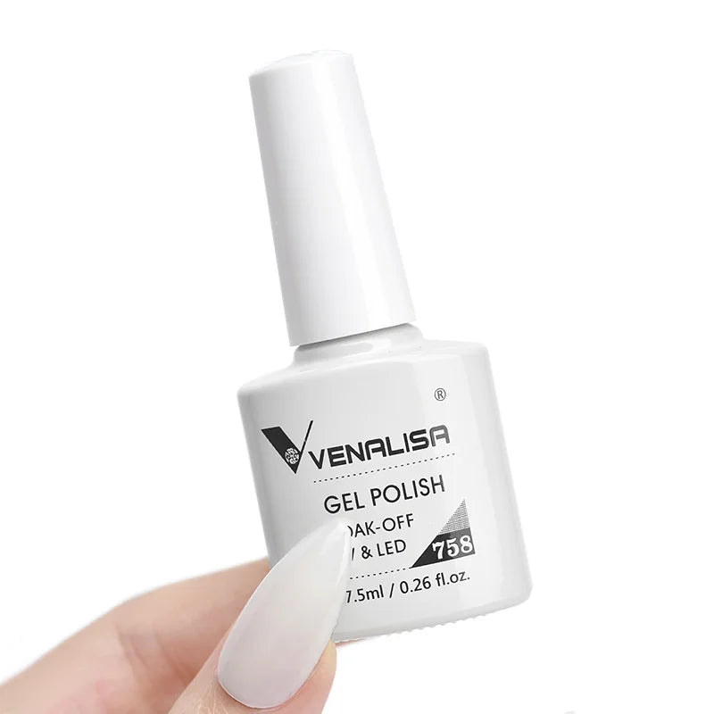 Esmalte de uñas en gel VENALISA VIP4 (7,5 ml): fórmula sin HEMA, acabado semipermanente, textura superior y larga duración; incluye capa superior (top coat) templada.