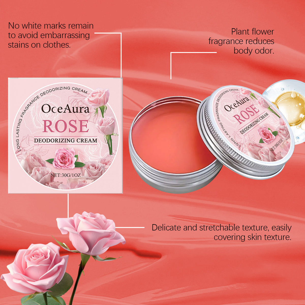 Crema corporal desodorante de rosas: elimina el olor, reduce la transpiración y neutraliza el mal olor de las axilas; ofrece un aroma duradero y una fragancia refrescante y encantadora.