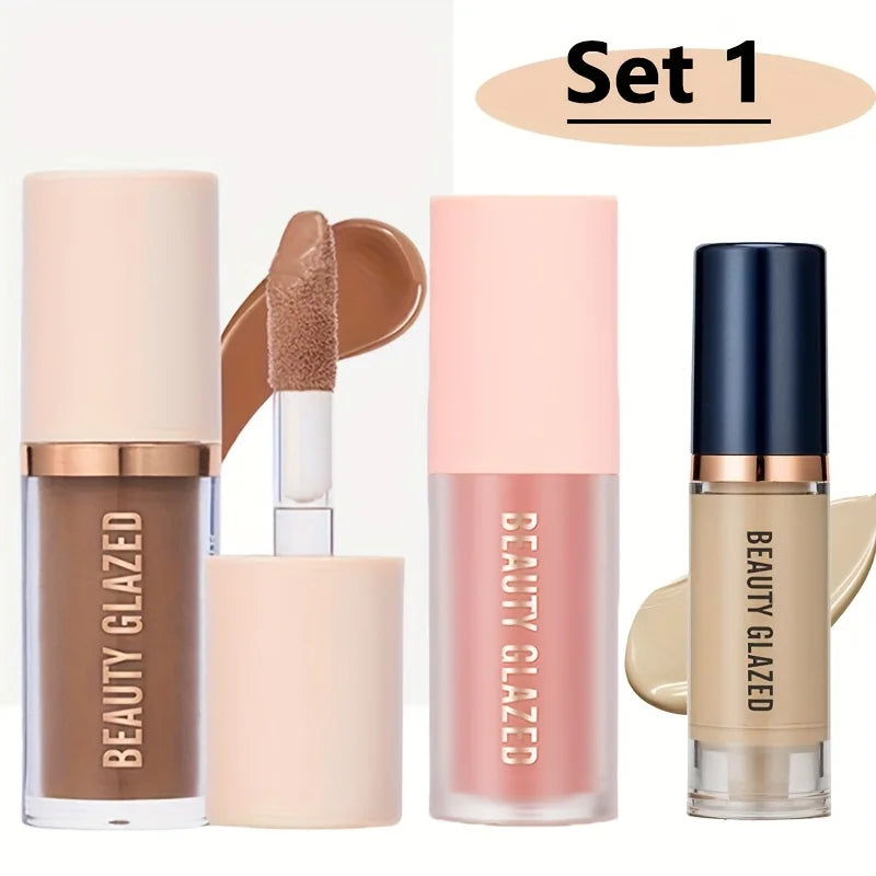 Set de maquillaje facial de 3 piezas (larga duración y resistente al agua): colorete, contorno y base; textura fina, cubre imperfecciones y realza los contornos.