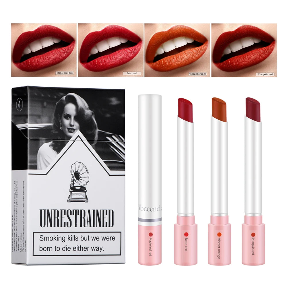 Set de maquillaje de labios de 4 colores: labiales, tintas y brillos labiales; fórmula mate, resistente al agua y de larga duración.