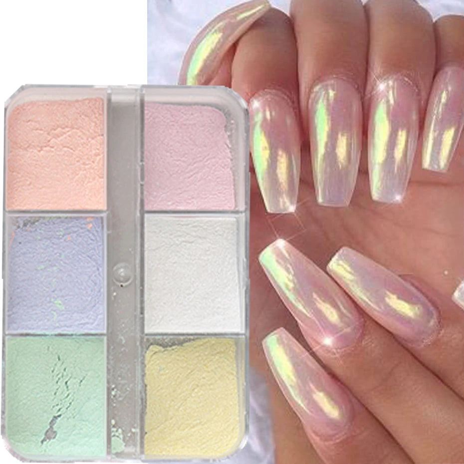Polvo de uñas efecto espejo de luz de luna Pigmentos efecto cromo metálico Esmalte en gel Polvo láser Purpurina Aurora Perla