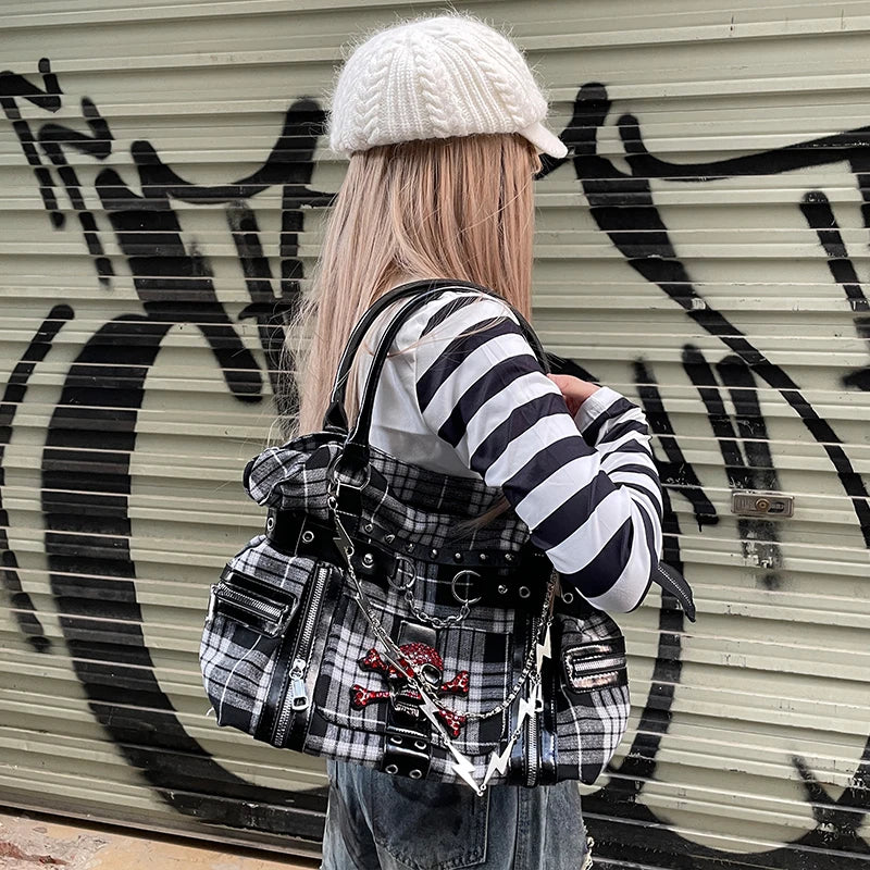 Bolso de hombro rosa a cuadros estilo Y2K; bolso de mano de gran capacidad estilo Harajuku; maletín de lona moderno y original tipo tote punk.