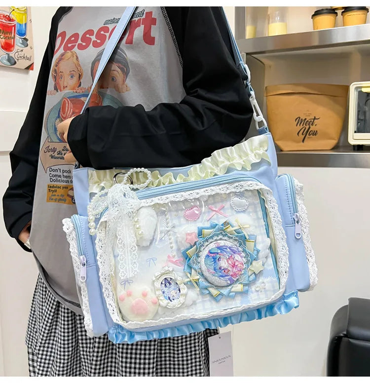 Bolso estilo japonés Y2K tipo "Ita Bag" Lolita: bolso de hombro transparente de gran capacidad, convertible en bandolera casual.