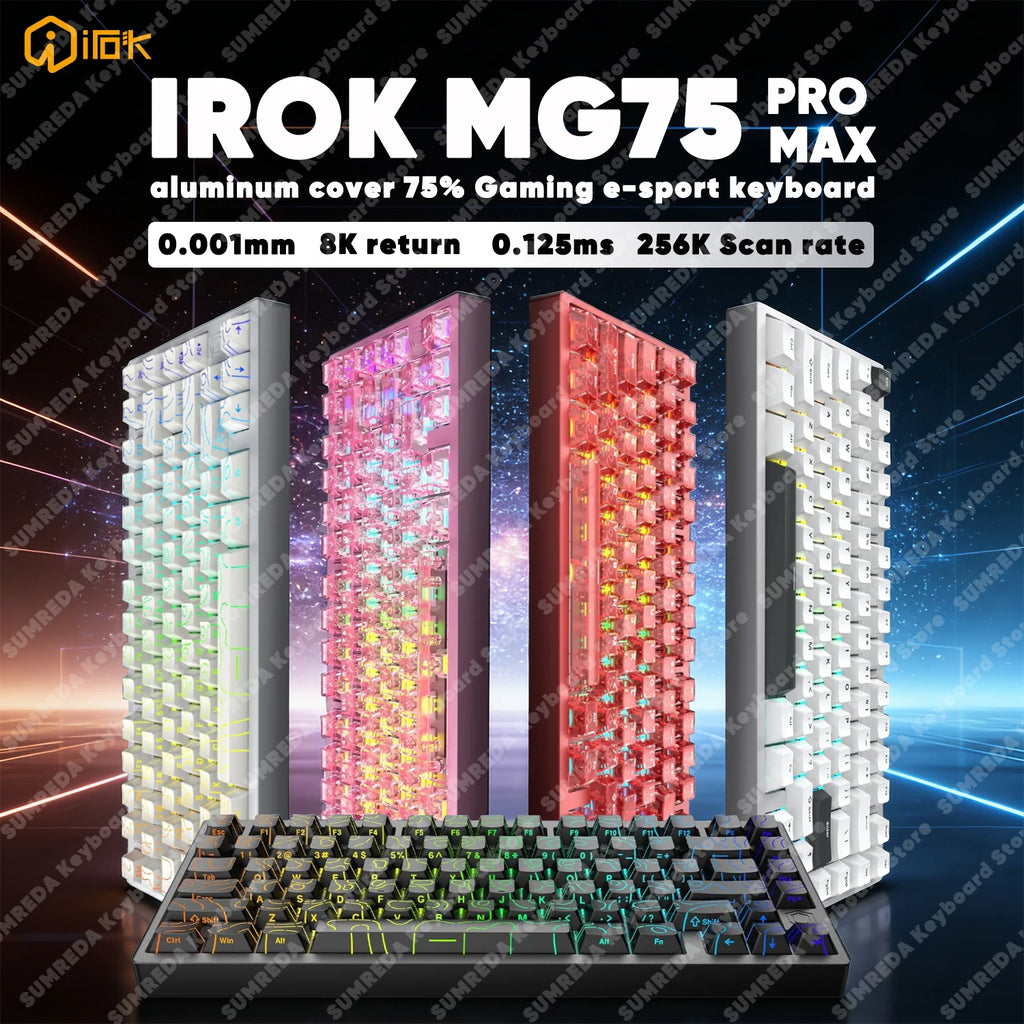 Teclado mecánico para juegos IROK MG75 PRO / MG75 Max con interruptores magnéticos, tiempo de respuesta de 0,125 ms, tasa de sondeo de 8K, precisión de 0,001 mm (RT), estructura de aluminio, iluminación RGB, función Hot-Swap y conexión por cable.