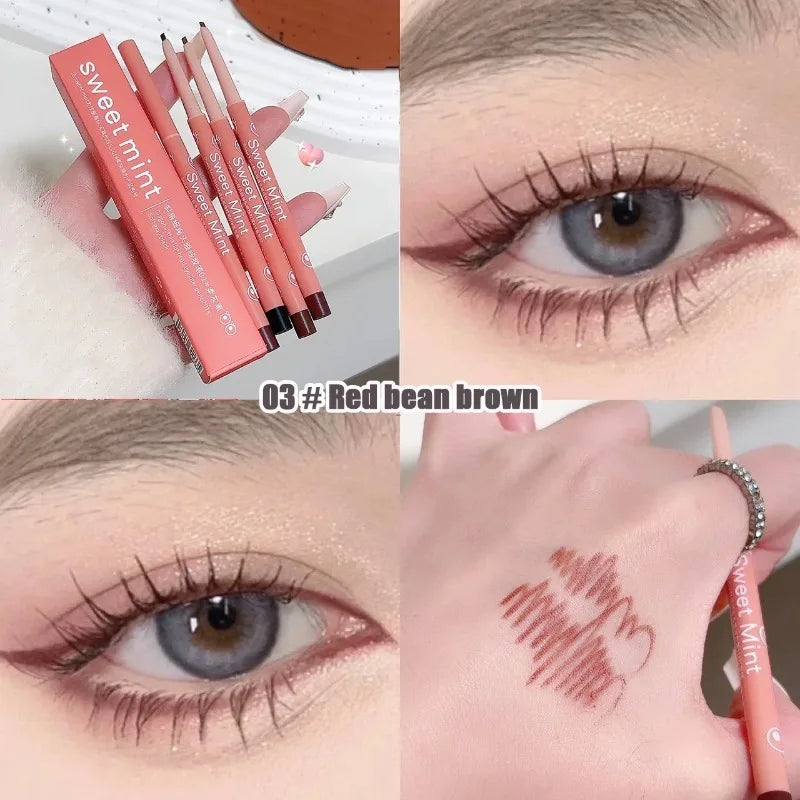 Lápiz delineador de ojos (tonos marrón rojizo y marrón negruzco), resistente al agua, de larga duración y acabado mate; barra multifunción para sombra de ojos, contorno y maquillaje de efecto "ojos sonrientes" (lying silkworm); fácil aplicación.