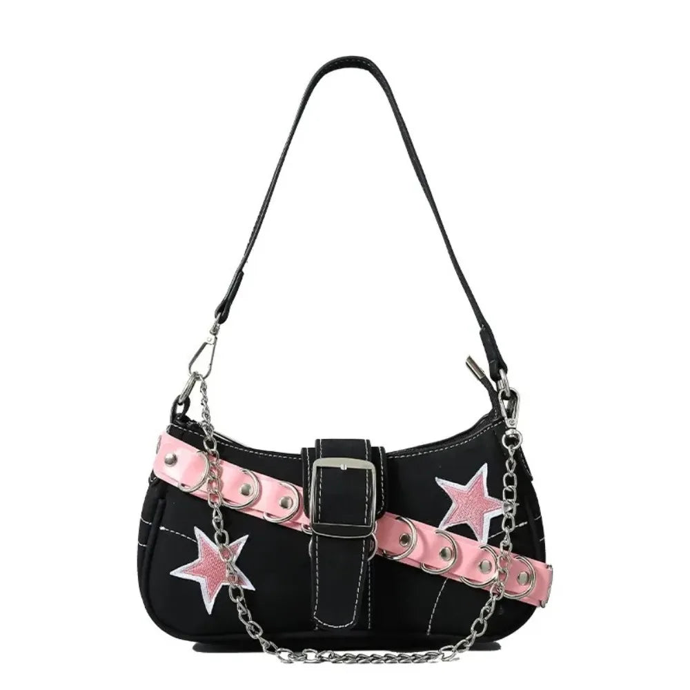 Bolso de hombro estilo Y2K : diseño de mezclilla con estampado de estrellas, estilo juvenil y moderno, de lona y tamaño pequeño, con cadena.