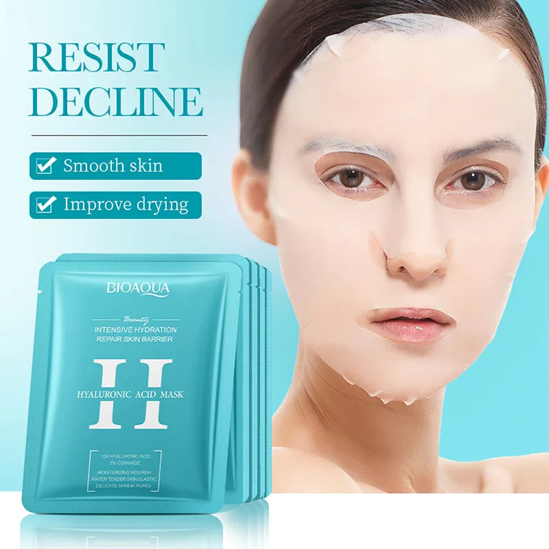 Pack de 5/10 mascarillas faciales BIOAQUA con baba de caracol, ácido hialurónico y retinol; hidratantes y reafirmantes para el cuidado de la piel del rostro.