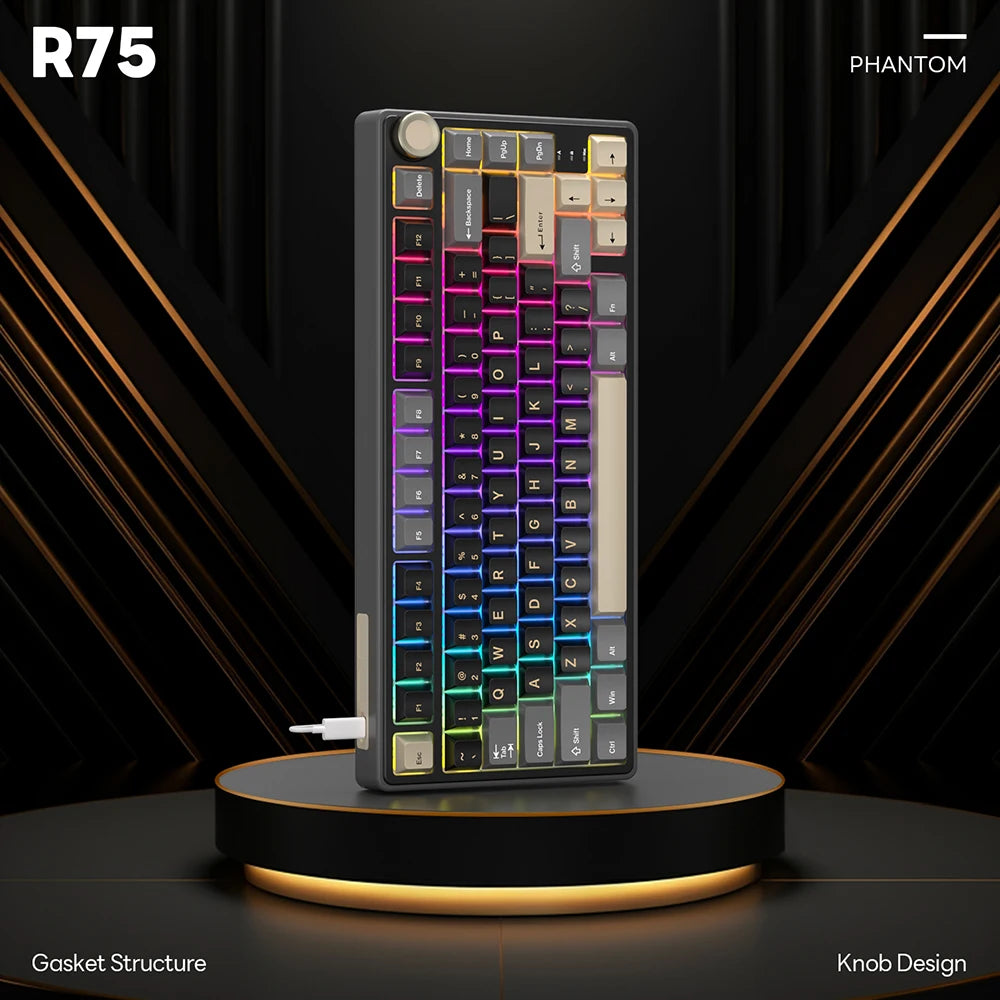 Teclado mecánico RK Royal Kludge R75 (distribución en español) con montaje tipo gasket, formato 80%, retroiluminación RGB, teclas PBT, interruptores intercambiables en caliente (hot-swappable) y rueda de control metálica.