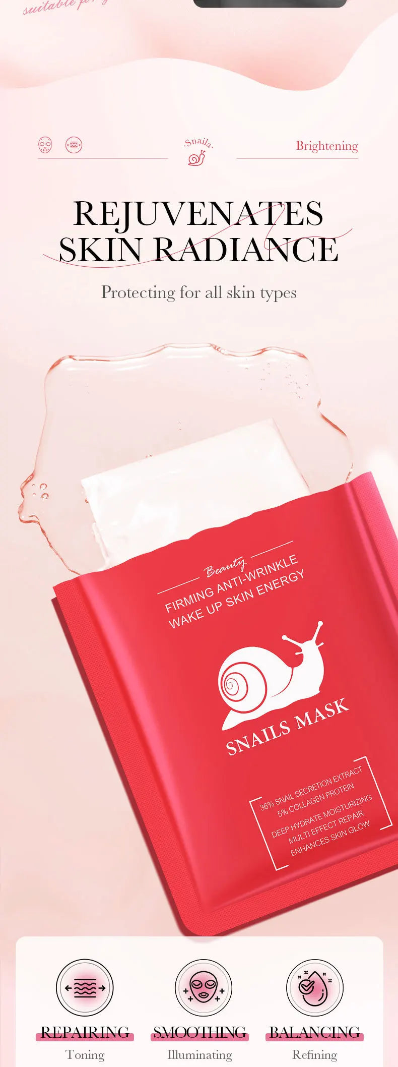Pack de 5/10 mascarillas faciales BIOAQUA con baba de caracol, ácido hialurónico y retinol; hidratantes y reafirmantes para el cuidado de la piel del rostro.