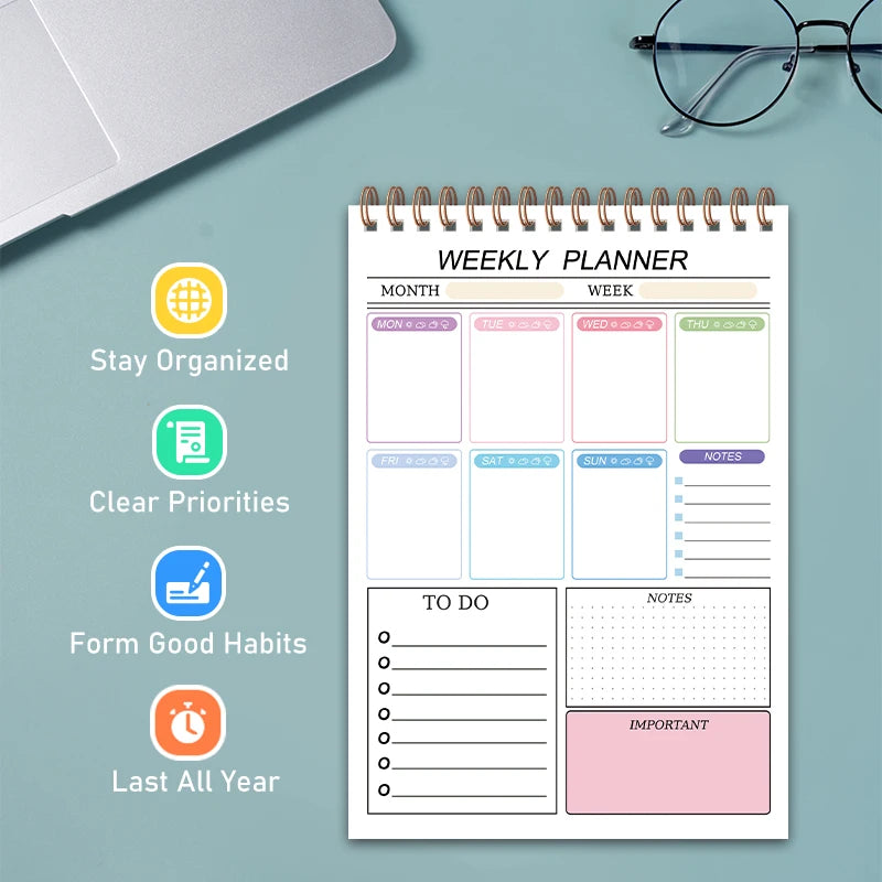 Cuaderno de planificación semanal sencilla: libreta de listas de tareas con 52 hojas de planificación en blanco (8 x 5,6 pulgadas), papel grueso de 120 g y sin fechas para establecer objetivos con flexibilidad.