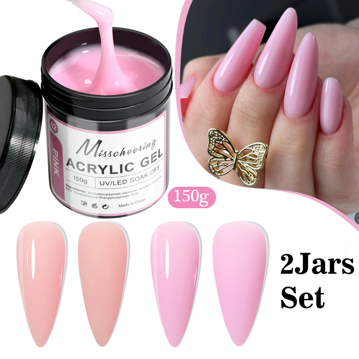 Set de 2 o 3 tarros de gel de poliacrílico (Poly Gel) para uñas: gel constructor de secado UV/LED en tonos nude claro, rosa y transparente; geles sólidos para extensiones de uñas, ideales para uso doméstico o en salón.